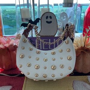 Vegan White Leather Handbag with Gold accents “LOVE” written on bottom. $20 NWT